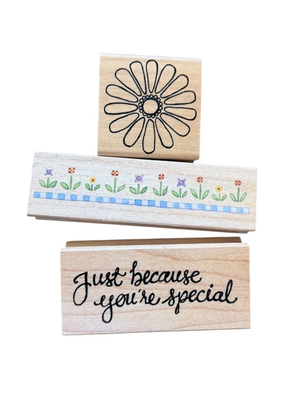Lot of 3 Wood Mounted Rubber Stamps-'Just because you're special', Flowers-GUC